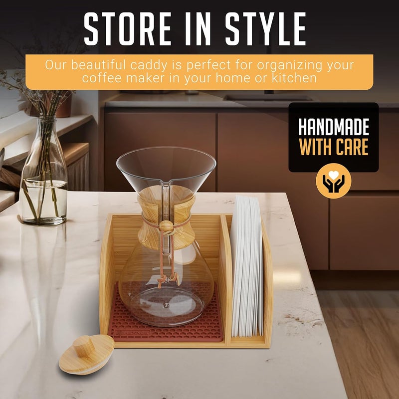 HEXNUB Caddy and Lid for Pour Over Coffee Maker, Bamboo Stand fits Chemex, Bodum, Cosori Carafes, Heatproof Mat, Filter Holder for Drip Coffee Maker - Brown Mat - Image 4